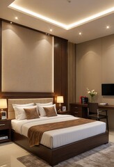 The interior bedroom features a designated area for work or study, blending comfort with functionality