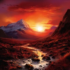 Dramatic Sunset Landscape with Snowy Mountain