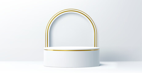 White product podium with golden arch and big stage, vector display mockup. Round platform podium with golden arch frame for luxury product showcase or promotion display stage on white background