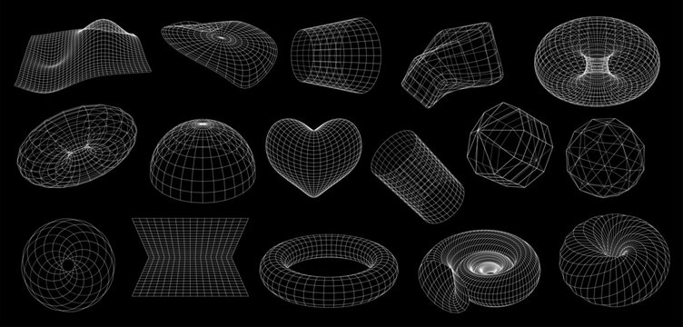 Wireframe shapes of 3D mesh grid in geometric abstract perspective, vector futuristic elements. 3D wireframe globe sphere, heart or spiral tunnel with torus, hemisphere and wormhole in wire frame wave