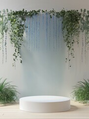 Podium mockup, background with hanging green plants, 3d render,