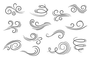 Doodle wind motion. Isolated vector set of abstract air swirls, blow waves, curve spirals in black colors, capturing the dynamic essence of movement and energy in a playful and artistic cartoon manner - obrazy, fototapety, plakaty