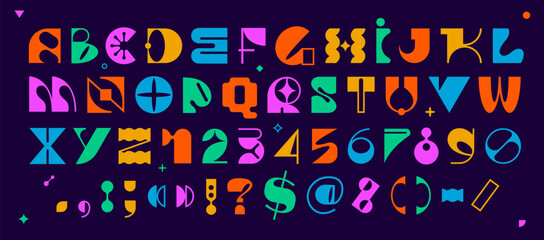 Modern brutal font, geometric swiss type. Vector alphabet, bold aesthetic typeface, english typography abc colorful letters, punctuation symbols and numbers. Brutalism uppercase creative vibrant font