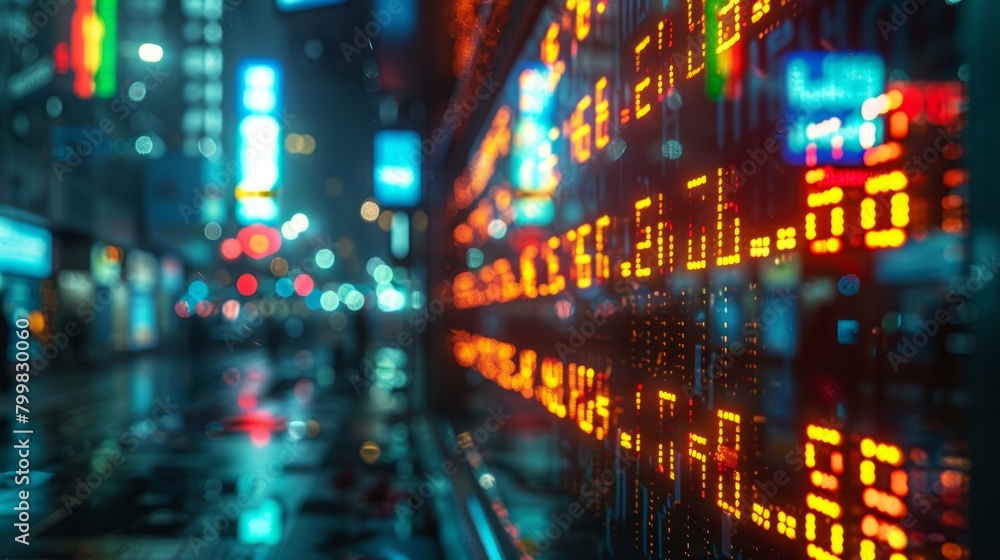 Aufkleber a stock market display with numbers and letters in red and green with a blurred background of a busy