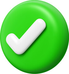 3d check icon, checklist tick, done mark. Green circle with a white tick angle view. Isolated vector plastic style checkmark, symbol of selection, confirmation or approval. Yes button for web app