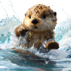A 3D animated cartoon render of a heroic sea otter saving a swimmer from a treacherous riptide.