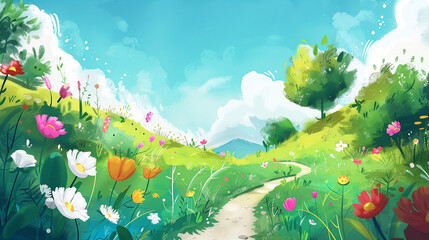 A minimalist illustration unfolds a vibrant meadow bursting with flowers, perfect for a child's storybook.