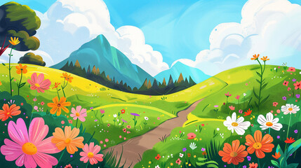 Bold colors and clean lines create a joyful scene of a flower-filled meadow with a beckoning path in this children's book illustration.