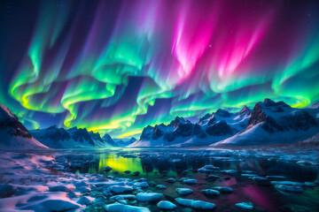 Northern Lights, beautiful colors and landscape with mountains