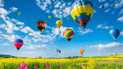 Obraz premium A group of hot air balloons are flying in the sky above a field of yellow flowers. The balloons are of different colors and sizes, creating a vibrant and lively scene. The sky is clear and blue