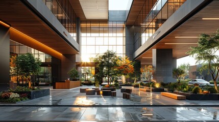 An atrium in an office building with a modern design.