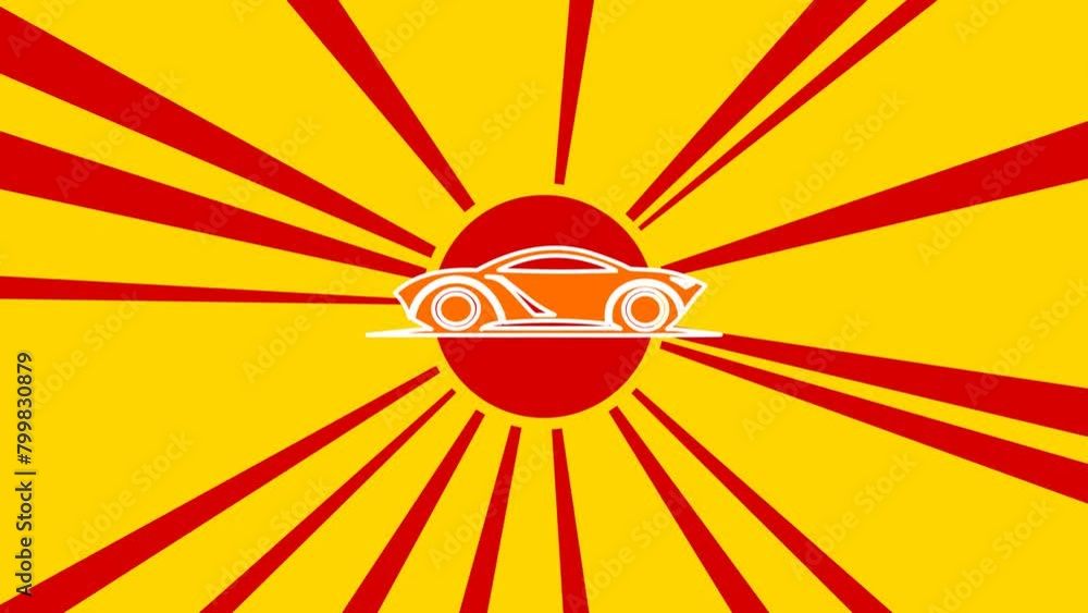 Poster future car symbol on the background of animation from moving rays of the sun. large orange symbol in
