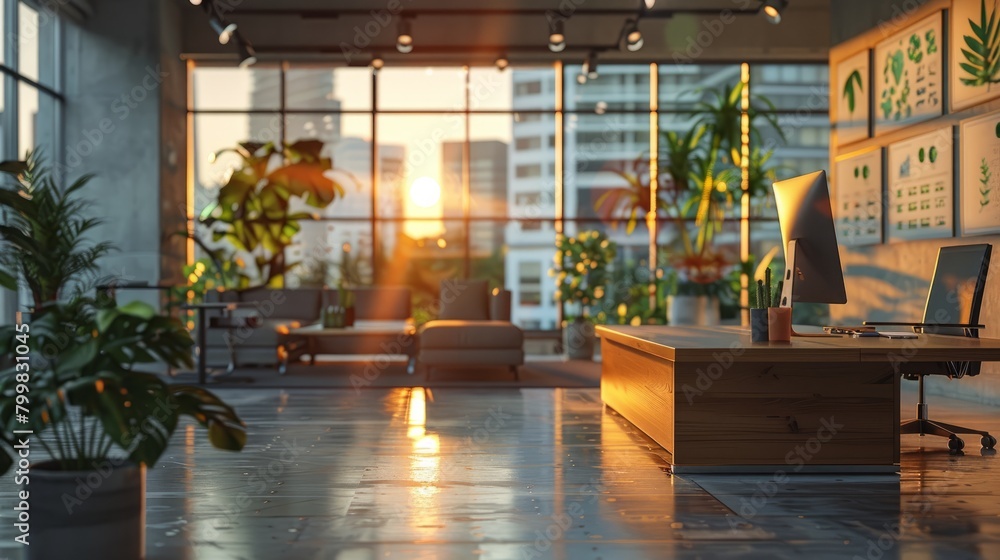 Poster an empty modern office with a large desk and a computer. the room is filled with potted plants and t