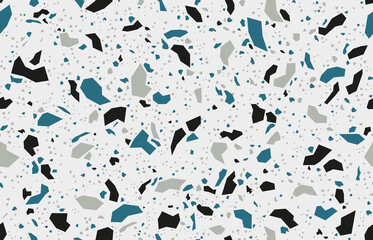 Stone terrazzo mosaic tile pattern with marble floor texture background, seamless vector. Terrazzo mosaic pattern with abstract irregular ceramic broken pieces of black, gray and turquoise green tile
