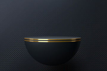 Black podium, product stage with golden border for display showcase, vector mockup. Black round hemisphere shelf on background with golden glitter dots pattern for premium luxury podium display