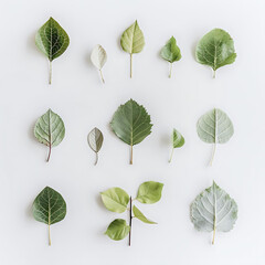 minimalistic concept of tree leaves on white surface - obrazy, fototapety, plakaty