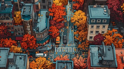 Autumn street scene illustration poster background - obrazy, fototapety, plakaty