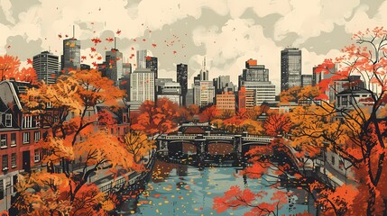 Autumn street scene illustration poster background - obrazy, fototapety, plakaty