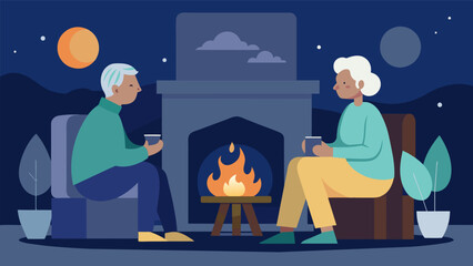 Fototapeta premium As the fire crackles in the fireplace two old souls reminisce and reflect on their lives in a late night pillow talk.. Vector illustration