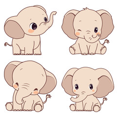 Cute cartoon elephant isolated on white background, color, vector illustration