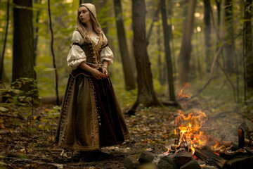 A young woman in medieval attire, standing by a campfire in a forest