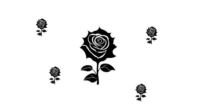 Zoom in and out animation the rose symbol. Large black symbol in the center and four small symbols around. Seamless looped 4k animation on white background