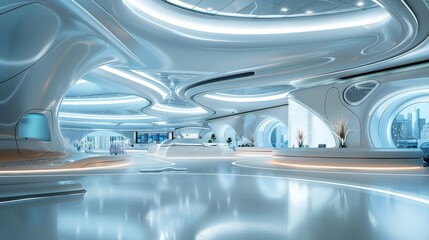 Obraz premium An ultra modern futuristic interior with a large curved white desk