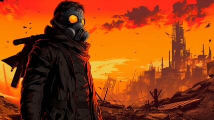 A futuristic ninja navigating a postapocalyptic nuclear wasteland - obrazy, fototapety, plakaty