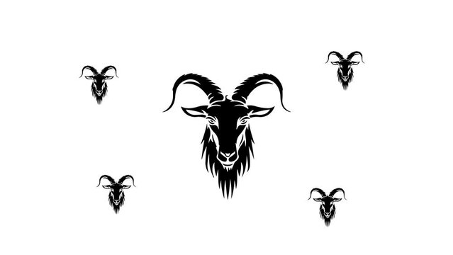 Zoom in and out animation the goat symbol. Large black symbol in the center and four small symbols around. Seamless looped 4k animation on white background
