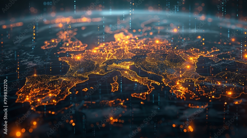 Poster artistic rendering of a map of europe made of glowing particles