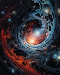 A surreal depiction of space and dimension, with galaxies swirling and merging - obrazy, fototapety, plakaty