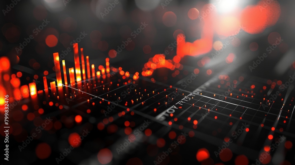 Aufkleber graph with glowing red and orange bar graph and red dots on a black background.