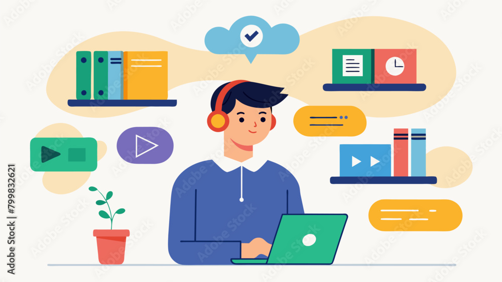 Poster a student working on a customized learning playlist choosing from a variety of online courses and re