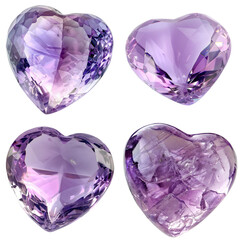 Set of solid heart shape made from purple crystal isolated on transparent background