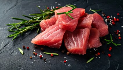 Sliced raw tuna fillet on a dark background with rosemary and pepper