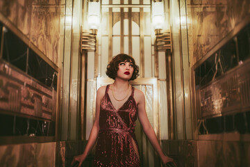 A young woman in a 1920s flapper dress, standing in an Art Deco building