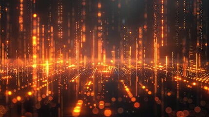 Obraz premium Binary rain of orange glowing numbers falling through a dark cyberspace