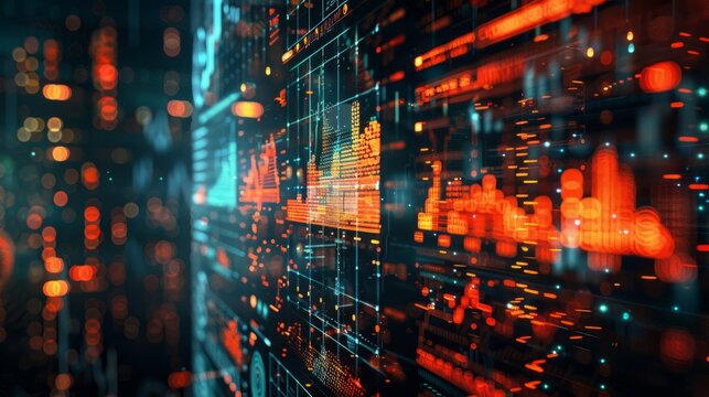 Binary code running down a screen in orange and blue hues.