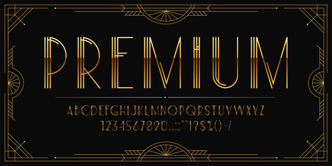Art deco font, golden type, 1920s elegant typeface, vintage English alphabet with gold letters in sophisticated opulent style. Vector linear ornate uppercase abc script, numerals, special characters