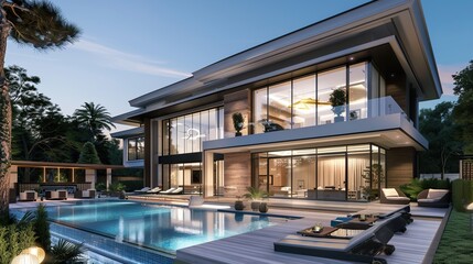 Naklejka premium New Contemporary Style Luxury Home Exterior at Twilight, swimming pool at home. copy space for text.