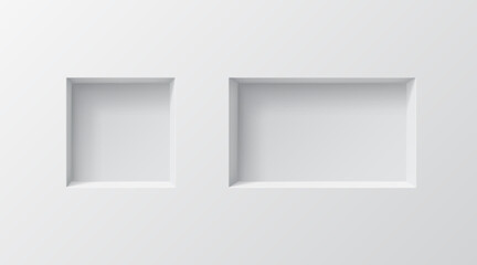 3d wall niches. Realistic vector two empty boxes or shelves on white colored background. Shop, gallery showcase mockup for product presentation. Blank retail storage, exhibit space, interior bookshelf