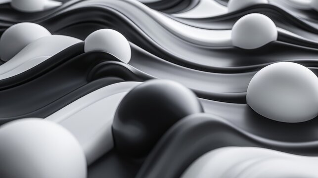 Black and white render of a bumpy surface with spheres.