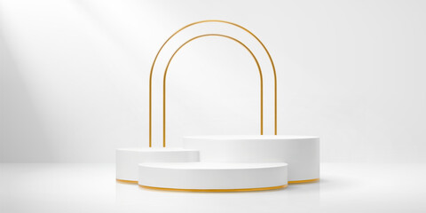 White podium with golden arch and round stages. Realistic 3d vector platform or pedestal for cosmetics product presentation. Studio display background mockup, minimalist showcase scene with gold arc