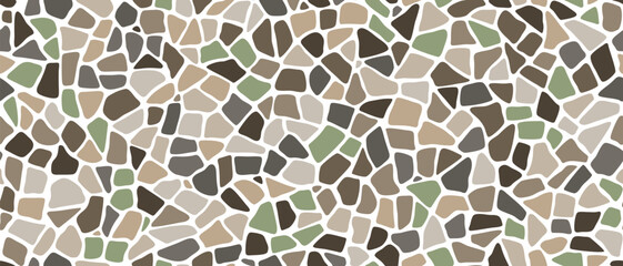 Mosaic pebble stone ground pattern with rock texture. Pebble, gravel and cobblestone floor or wall tile vector background. White, gray and brown pavement surface abstract geometric pattern background