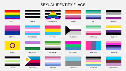 Sexual diversity LGBT pride flags, rainbow color vector banners set. Gender identity and sexual diversity symbols of LGBT pride, gay, lesbian, transgender, bisexual, straight, polysexual and asexual