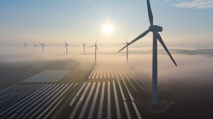 Fototapeta premium Aerial view of solar energy fields and wind turbines enveloped in fog on a spring morning, showcasing the integration of renewable energy technologies into the natural landscape. 