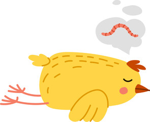 Cute chick cartoon character peacefully slumbers, dreaming of a vibrant worm in its imagination. Isolated vector adorable, feathered baby hen bird personage sleeping and sees food in its dreams