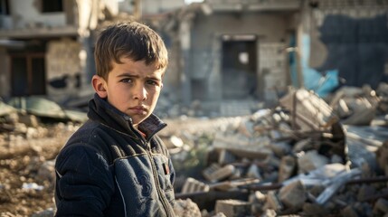 Amidst the ruins of a war torn building, a little boy stands, embodying the suffering of civilians in a military conflict, Ai Generated