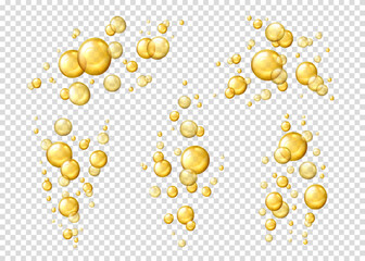 Liquid oil bubbles, yellow collagen serum. Isolated 3d vector realistic shiny drops, gold cosmetic pills or capsules. Oily vitamin essence droplets. Oil bubbles or balls flying or floating in the air