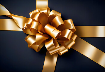 A gold gift ribbon and bow on a black background